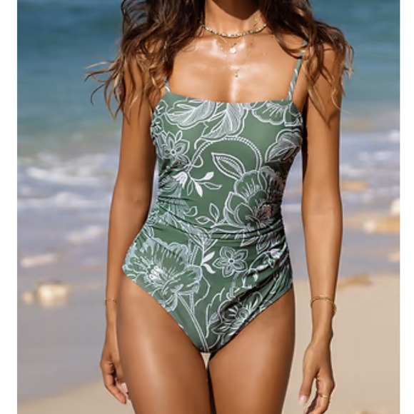 NWT Cupshe One Piece Swimsuit Green Floral Print Ruched Tummy Control Medium‎ - Picture 1 of 11